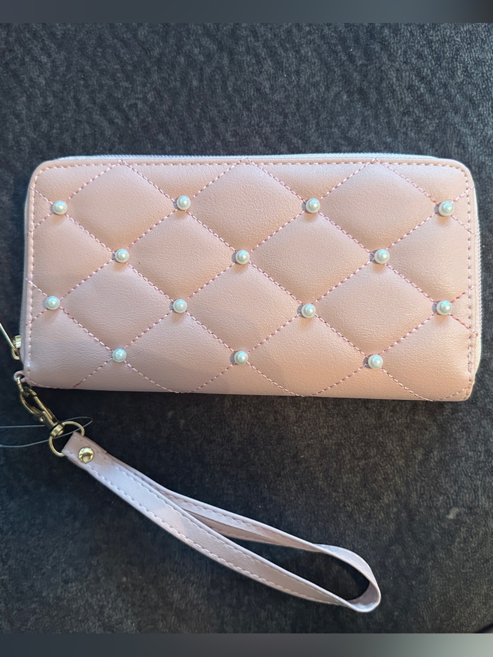 Claire's Light Pink Quilted Wristlet Wallet with Pearl Accents